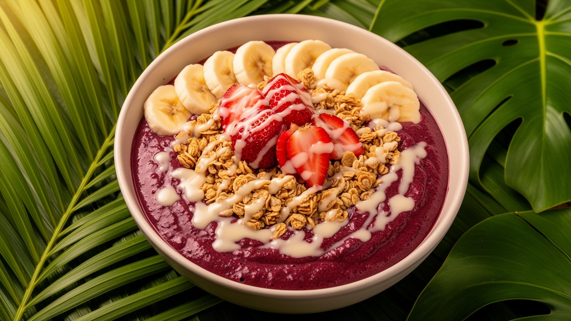Tigela de açaí cremoso com banana, morango e granola sobre folhas tropicais